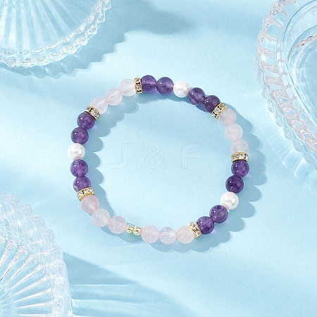 Natural Amethyst & Rose Quartz  & Shell Pearl Round Beads Stretch Bracelets for Women BJEW-JB12229-02-1