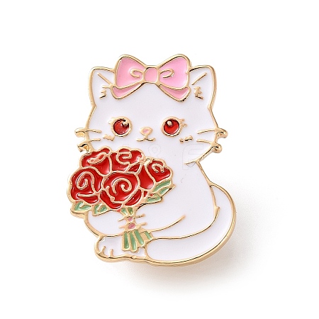 Cat Shape Holding Red Rose Flower Bouquet Enamel Pins AL-CBAC438-01D-1