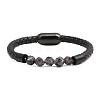 Men's Black Onyx Stone Beaded Bracelet with Magnetic Clasp Leather Weave Jewelry ST7123637-1