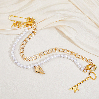 Aluminum Curb Chains & Round White Imitated Pearl Acrylic Beaded Double Layer Purse Decorative Chains HJEW-HS00068-1