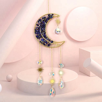 Copper Wire Wrapped Natural Lapis Lazuli Chips & Metal Moon with Tree of Life Pendant Decorations PW23111630893-1