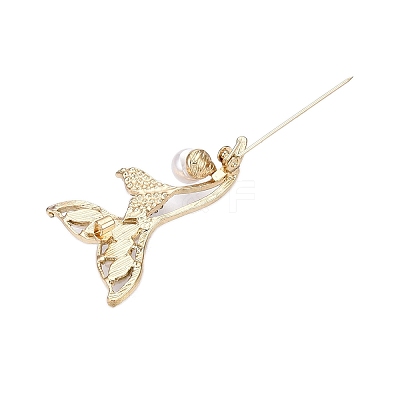Alloy Crystal Rhinestone & Glass Whale Tail Brooch Pins with ABS Pearl for Clothes Backpack JEWB-T005-04KCG-1