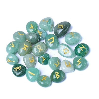25Pcs Natural Green Aventurine Viking Runes Engraved Stone PW-WG1414A-03-1