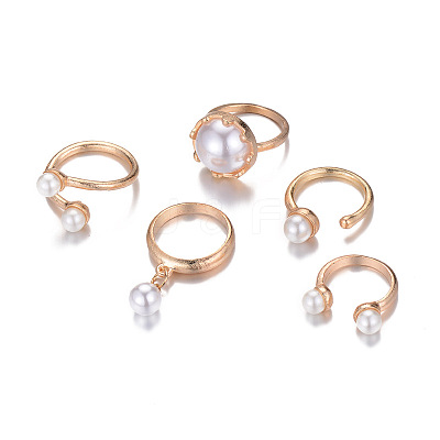 Zinc Alloy & Plastic Imitation Pearl Round Beads Finger Rings Sets WG9DC8A-01-1
