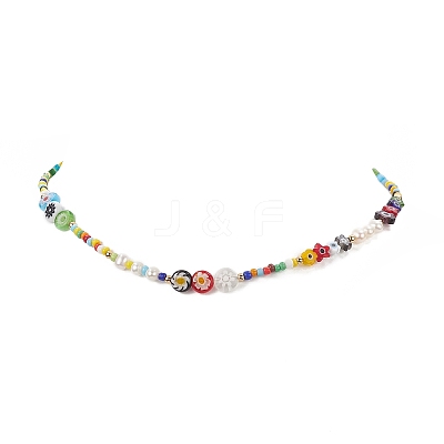 Natural Pearl & Millefiori & Seed Glass Beaded Necklace for Women NJEW-JN04160-1