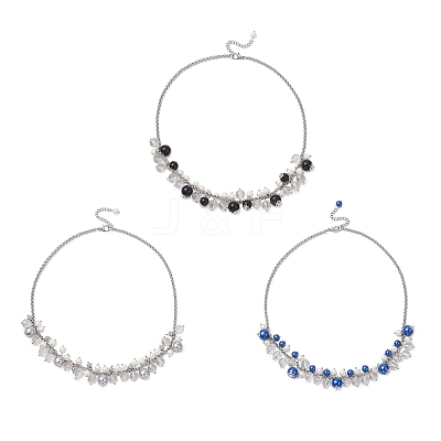 3Pcs 3 Colors Round Glass Beaded Bib 304 Stainless Steel Rolo Chain Necklaces NJEW-JN05359-1