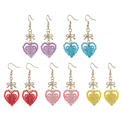 Handmade Glass Seed Beads Heart Dangle Earrings EJEW-MZ00577-1