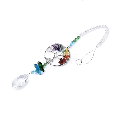 Chakra Natural Mixed Stone Chips Tree of Life Suncatcher HJEW-N005-01-1