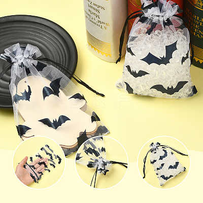 Halloween Theme Bat Printed Organza Drawstring Bags ABAG-WH20021-006D-1