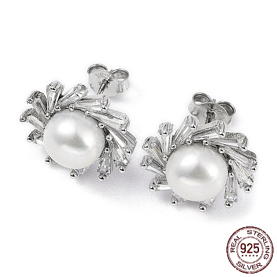 Anti-Tarnish Rhodium Plated 925 Sterling Silver Micro Pave Cubic Zirconia Sun Stud Earrings for Women EJEW-F318-03P-1