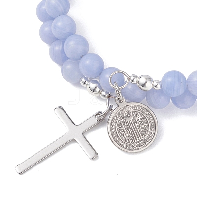 2Pcs Natural Dyed Blue Lace Agate & White Jade Beads Double strand Stretch Bracelets BJEW-JB13065-1