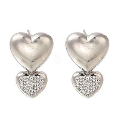 Rack Plating Heart Brass Micro Pave Clear Cubic Zirconia Stud Earrings EJEW-H143-26P-1