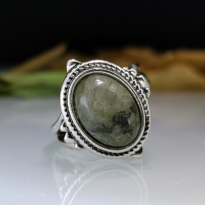 Oval Zinc Alloy Natural Labradorite Finger Rings WG970F5-04-1