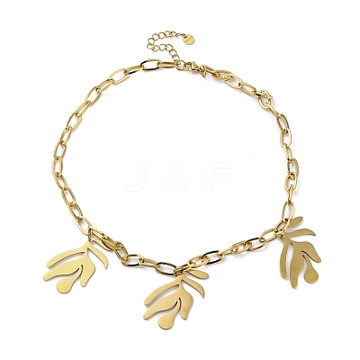 304 Stainless Steel Triple Leaves Pendant Paperclip Chain Necklaces NJEW-K389-02G-1