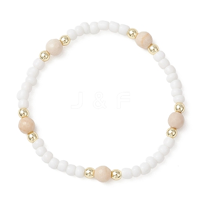 2Pcs Natural Fossil & Glass Round Beaded Stretch Bracelets for Women BJEW-JB13308-1