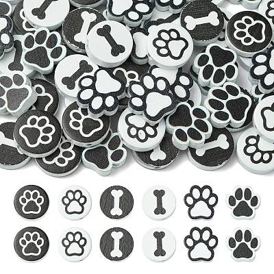 60Pcs 6 Styles Dog Bone Print Wooden European Beads WOOD-CJ0002-39-1