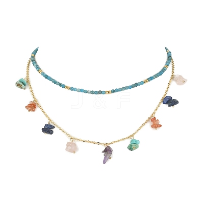 2Pcs 2 Style Natural & Synthetic Mixed Gemstone Chip Beaded Bib Necklaces Set NJEW-TA00106-1