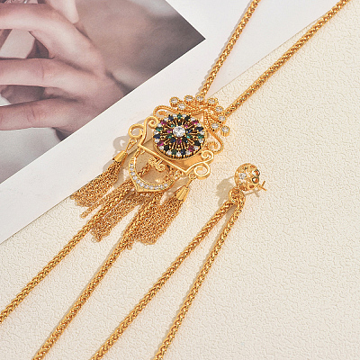 Vintage Gothic Style Brass Pave Cubic Zirconia Flower Long Tassel Lariat Necklace Brooch for Women GO0016-3-1