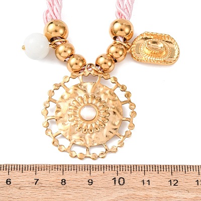 304 Stainless Steel Flower Cowboy Hat Pendant Polyester Cord Necklaces NJEW-C105-02G-1