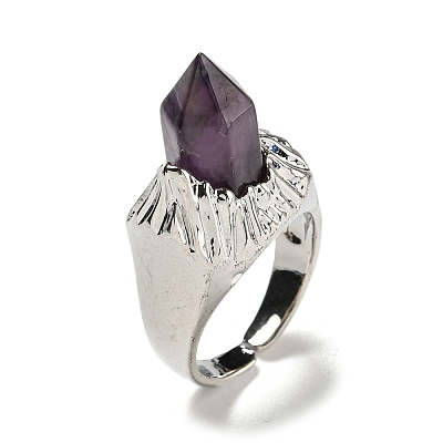 Hexagonal Prism Natural Amethyst Open Cuff Rings RJEW-B106-01P-04-1