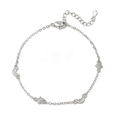 Brass Micro Pave Clear Cubic Zirconia Moon Star Link Chain Bracelets KK-CBA6980-28P-1