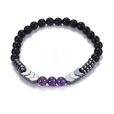 Natural Black Agate(Dyed) & Amethyst Beads Stretch Bracelets BJEW-JB04219-03-1