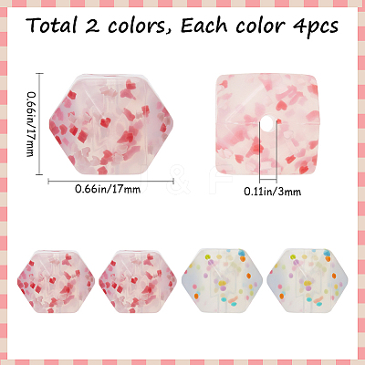 8Pcs 2 Colors Hexagon with Heart Pattern Silicone Focal Beads SIL-GF0001-52-1