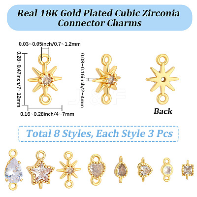 24Pcs 8 Styles Brass Pave Cubic Zirconia Connector Charms KK-BBC0028-50-1