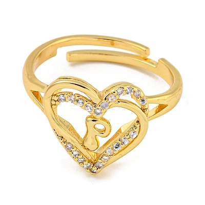 Heart with Letter Rack Plating Brass Micro Pave Clear Cubic Zirconia Adjustable Rings for Women RJEW-I105-01G-P-1