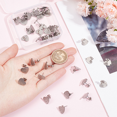 48Pcs 6 Styles Textured Heart 304 Stainless Steel Stud Earring Findings STAS-SP0001-48-1
