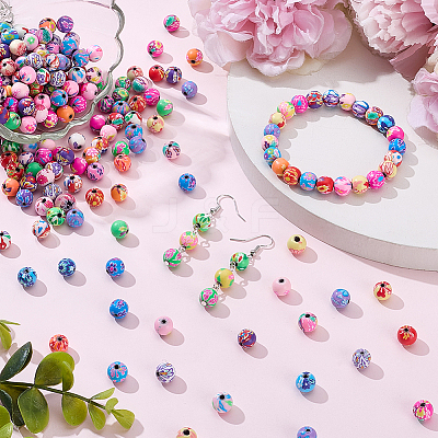 250Pcs Flower Printed Handmade Polymer Clay Beads CLAY-SP0001-18-1