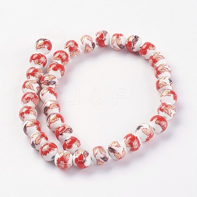 Handmade Flower Printed Porcelain Ceramic Beads Strands PORC-J006-A07-1