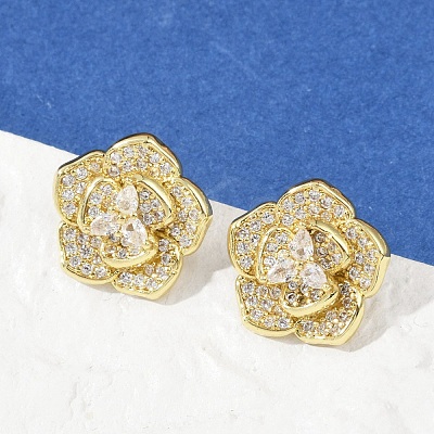 Flower Brass Micro Pave Clear Cubic Zirconia Stud Earrings EJEW-M082-19G-1