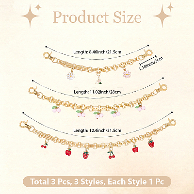 3Pcs 3 Styles Alloy Enamel Flower Cherry Apple Strawberry Charm Alloy Bag Decorative Chains AJEW-CN0006-07-1