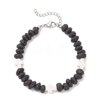 Synthetic Turquoise Cross & Natural Lava Rock Nuggets Beaded Bracelets BJEW-JB12193-01-1