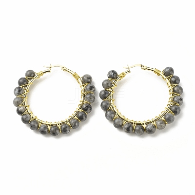 Natural Larvikite Beaded Hoop Earrings for Women EJEW-C003-03M-RS-1