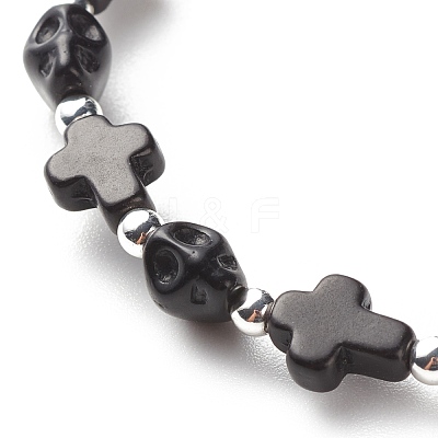 Synthetic Turquoise(Dyed) Cross & Skull Beaded Stretch Bracelet BJEW-JB08451-03-1
