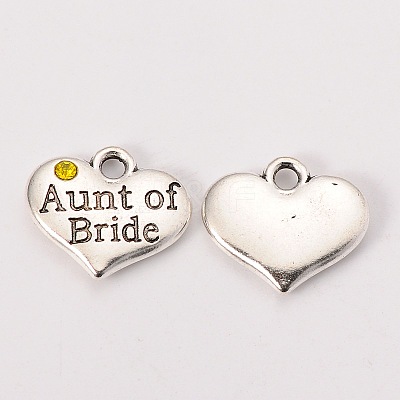 Wedding Theme Antique Silver Tone Tibetan Style Heart with Aunt of Bride Rhinestone Charms X-TIBEP-N005-09-1