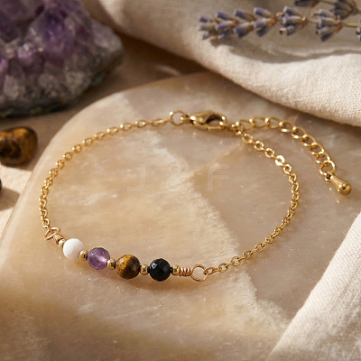 Faceted Round Natural Black Onyx(Dyed & Heated) & Tiger Eye & Amethyst & Shell Beaded Bracelets with Stainless Steel Cable Chains NW1316-1
