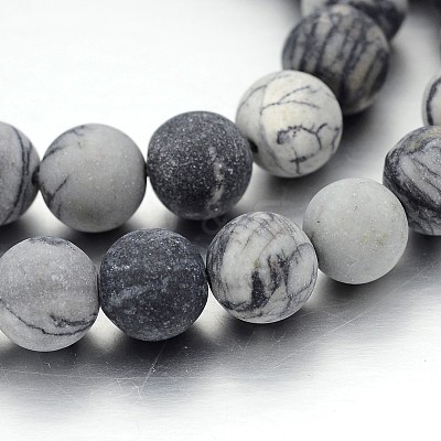 Frosted Round Natural Black Silk Stone/Netstone Bead Strands G-J338-14-10mm-1