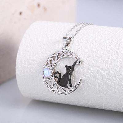 Black Cat Moonstone Brass Necklace Black Cat on the Moon Pendant Necklaces JN1112A-1