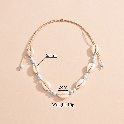 Natural Cowrie Shell & Round Acrylic Beaded Waxed Cord Braided Necklaces for Women FS-WG6249B-01-1