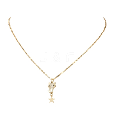 Cat with Star Brass Micro Pave Clear Cubic Zirconia Pendant 304 Stainless Steel Cable Chain Necklaces for Women NJEW-JN05716-1