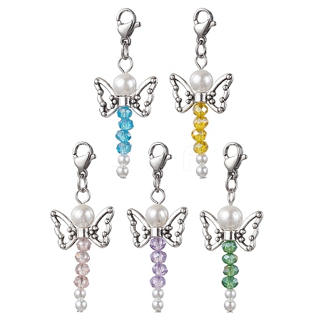 5Pcs 5 Colors Angel Shape Glass & Natural Shell Pendant Decorations HJEW-JM01813-S-1