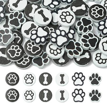 60Pcs 6 Styles Dog Bone Print Wooden European Beads WOOD-CJ0002-39-1