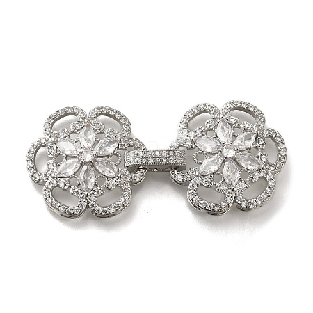 Rack Plating Flower Brass Micro Pave Clear Cubic Zirconia Fold Over Clasps KK-H512-05P-1