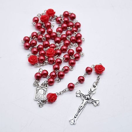 Round & Rose Imitation Pearl Rosary Bead Necklaces WG518F3-02-1