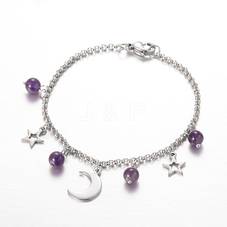 Moon & Star Stainless Steel Gemstone Charm Bracelets BJEW-JB01935-03-1