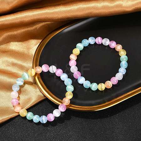 Dyed Natural Selenite Round Beaded Stretch Bracelets for Women G-U005-02M-1