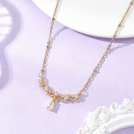 Brass Pave Clear Cubic Zirconia Angel Wings Pendant 304 Stainless Steel Satellite Chain Necklaces for Women NJEW-JN05936-1